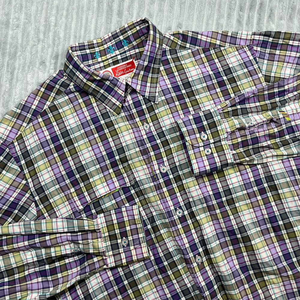 Robert Graham Freshly Laundered Button Up Shirt Men's L Purple Green Plaid Roll - Picture 3 of 13